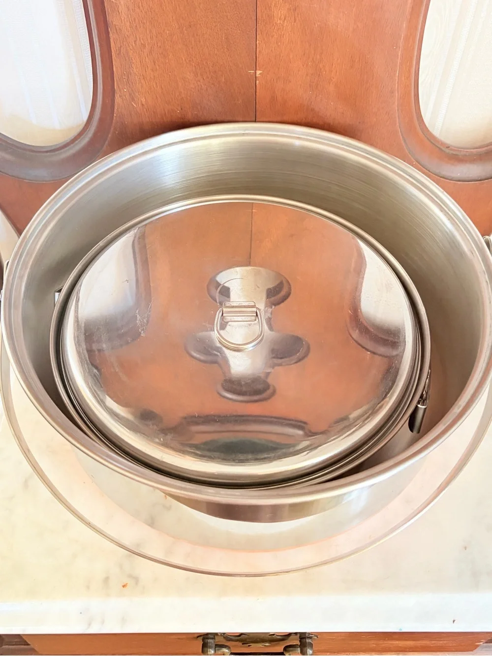 1960's Full Set Nesting Camping Cookware Stainless / Copper Bottom And Handle